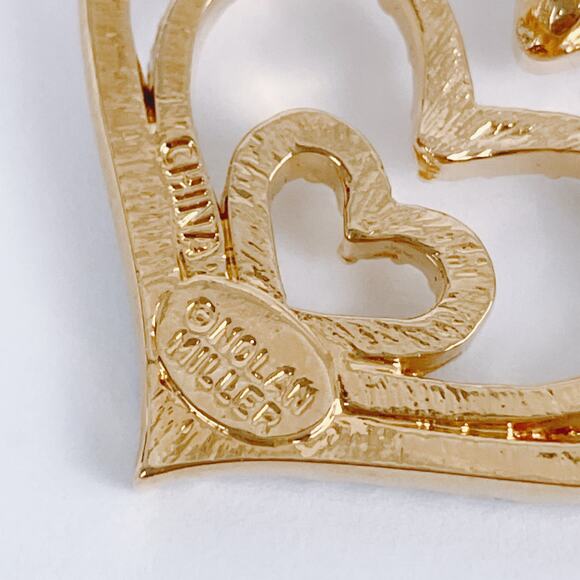 Signed Nolan Miller Gold Tone Triple Heart Rhinestone Pendant Necklace Vintage - Picture 9 of 12